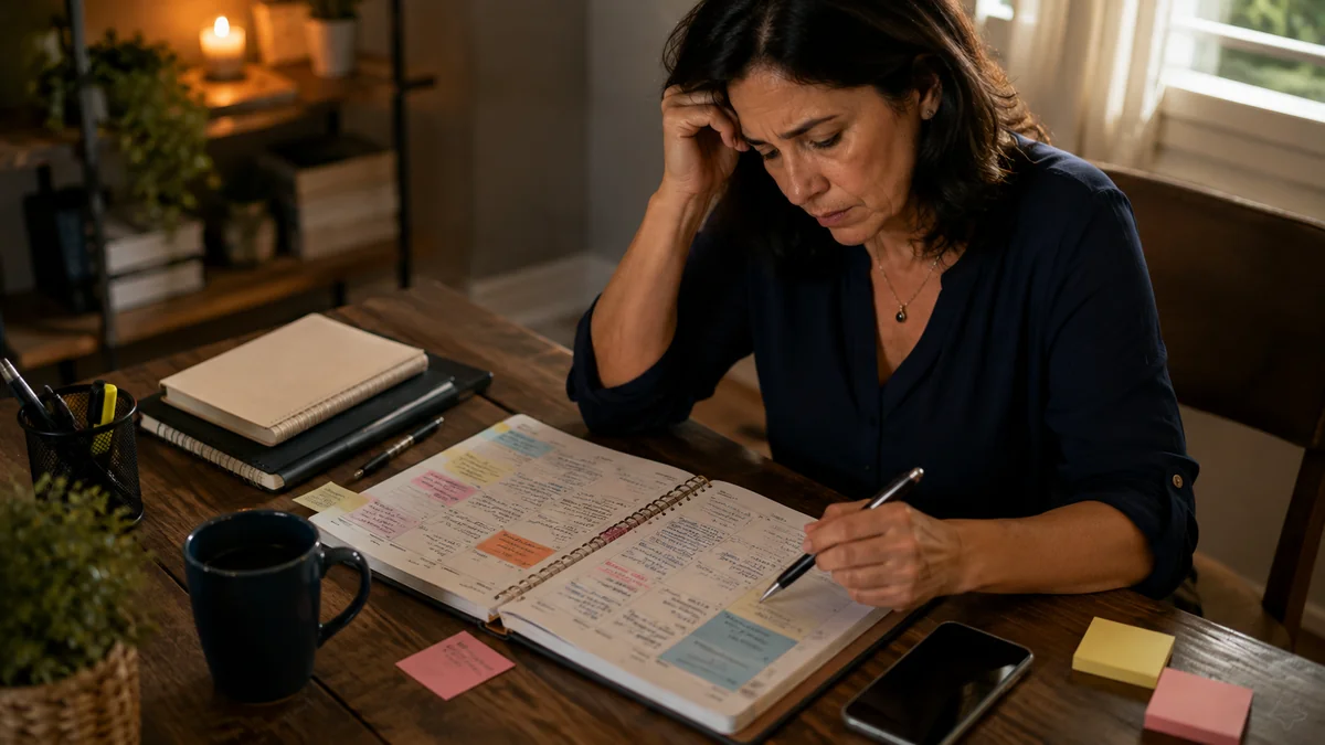Mulher observando uma agenda cheia de compromissos em uma cena de sobrecarga cotidiana.